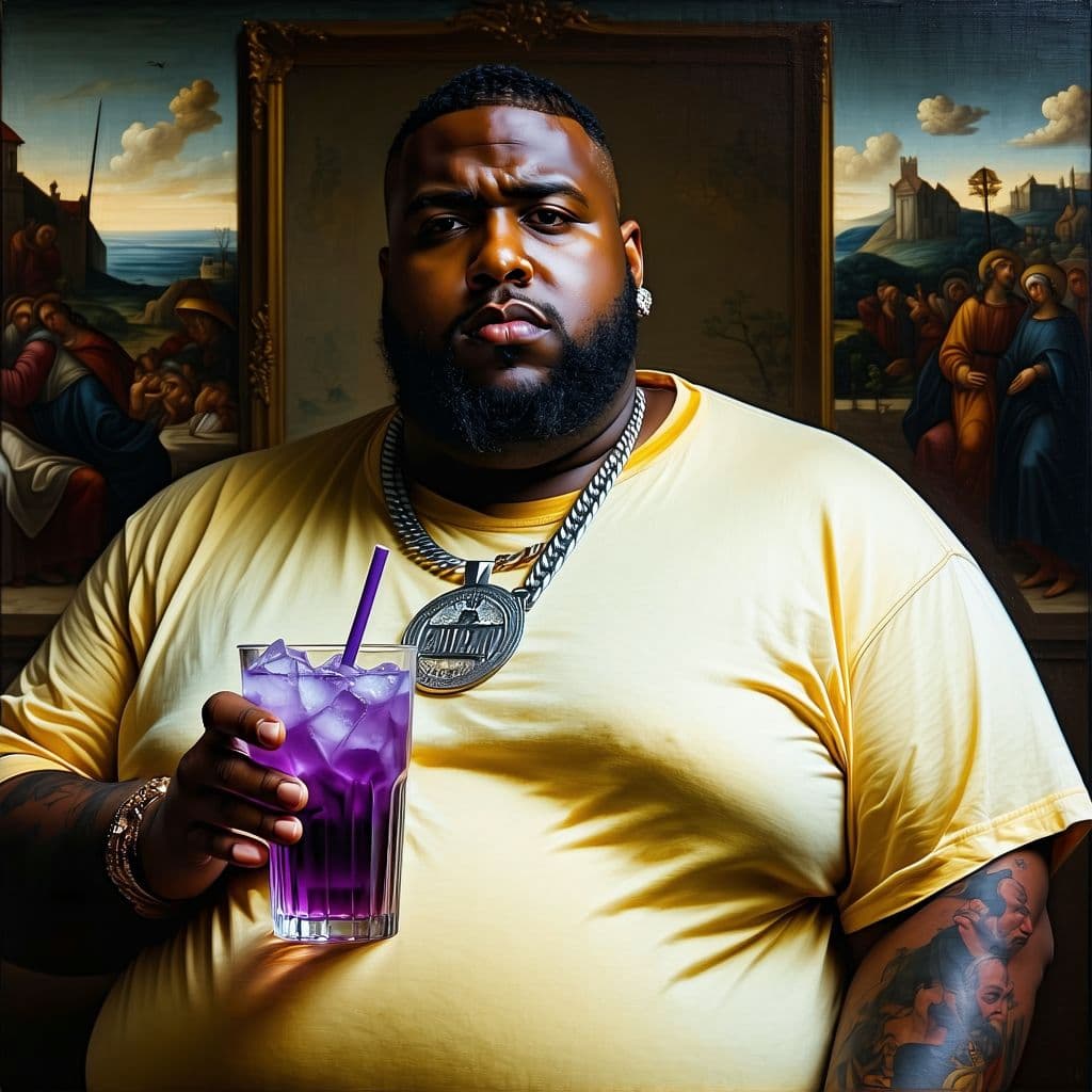 AI generated: dangerously obese american rapper without a beard and with short hair, holding a purple drink, renai...