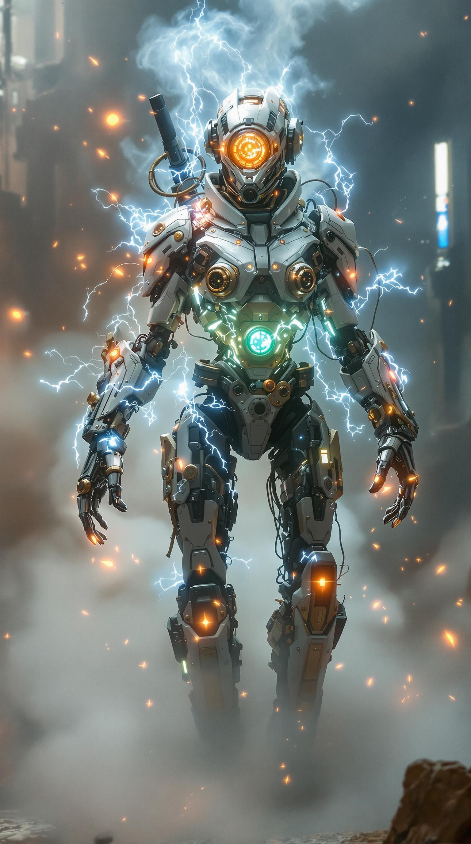 AI generated: electric cyborg in a steampunk world,full body,lensflare,misty,steam,intricate detailed