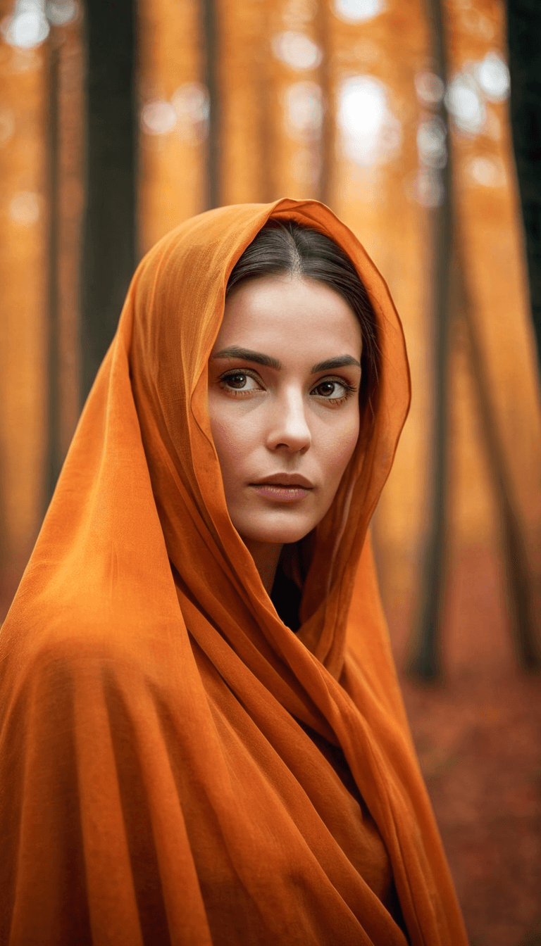 AI generated: A close up of mysterious woman in orange veil cloak walking in autumn forest, sharp detail and drama...