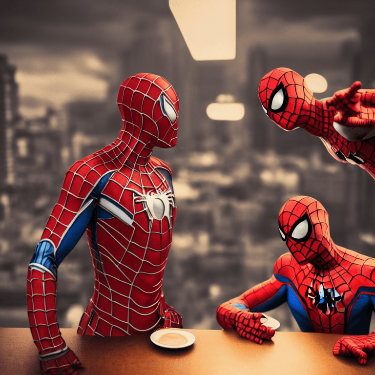 AI generated: photo of Ironman and Spiderman drinking coffe in Buenos Aires, Wes Anderson movie style , cinematic ...