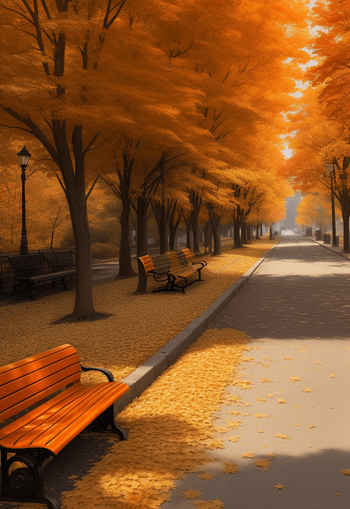 AI generated: golden leaves fall behind a bench at the end of a road, in the style of nyc explosion coverage, ligh...