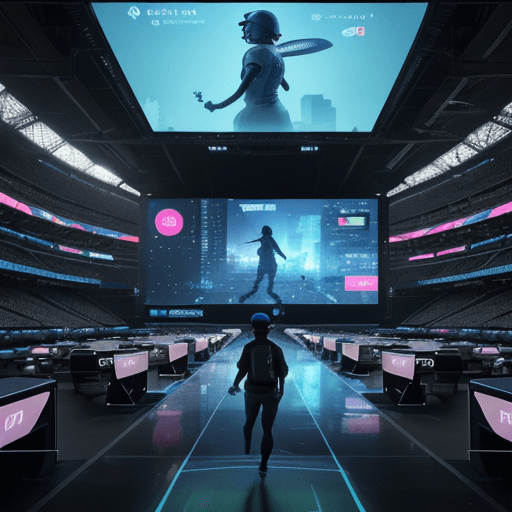 AI generated: Epic illustration of 'Play station 5' transformed into a big cricket stadium. Its design  futuristic...