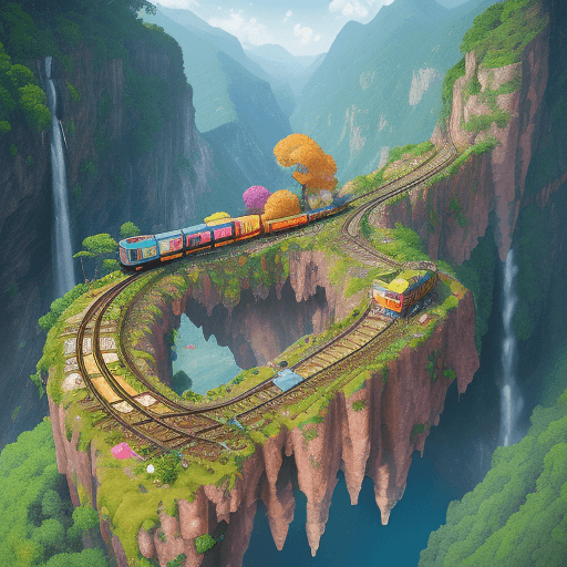 AI generated: Create a vibrant, surreal image where the scene takes place on a spectacular railway track that runs...