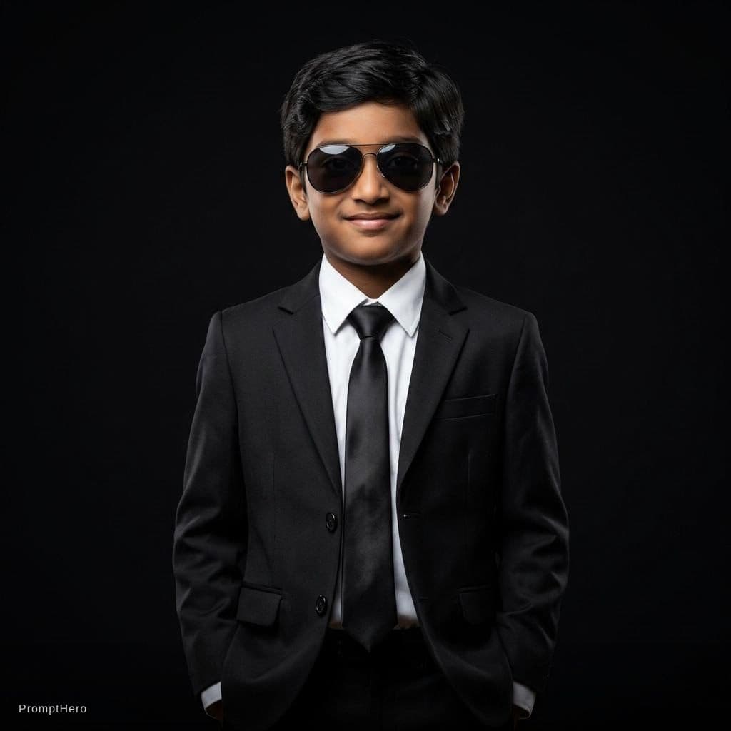 AI generated: professional portrait of a young boy wearing a black suit and sunglasses, studio lighting, dark blac...