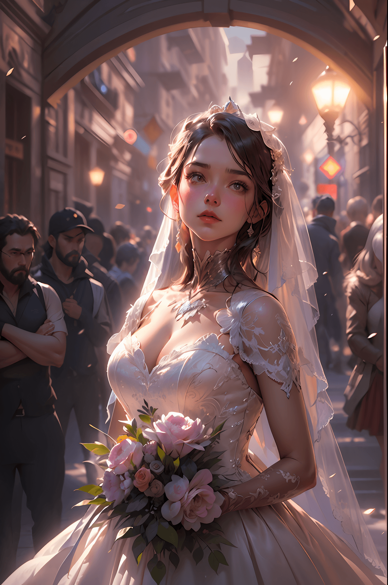AI generated: masterpiecem, concept art, close shot, centered, (cinematic angle: 1.2), streetview,(1 girl, wedding...
