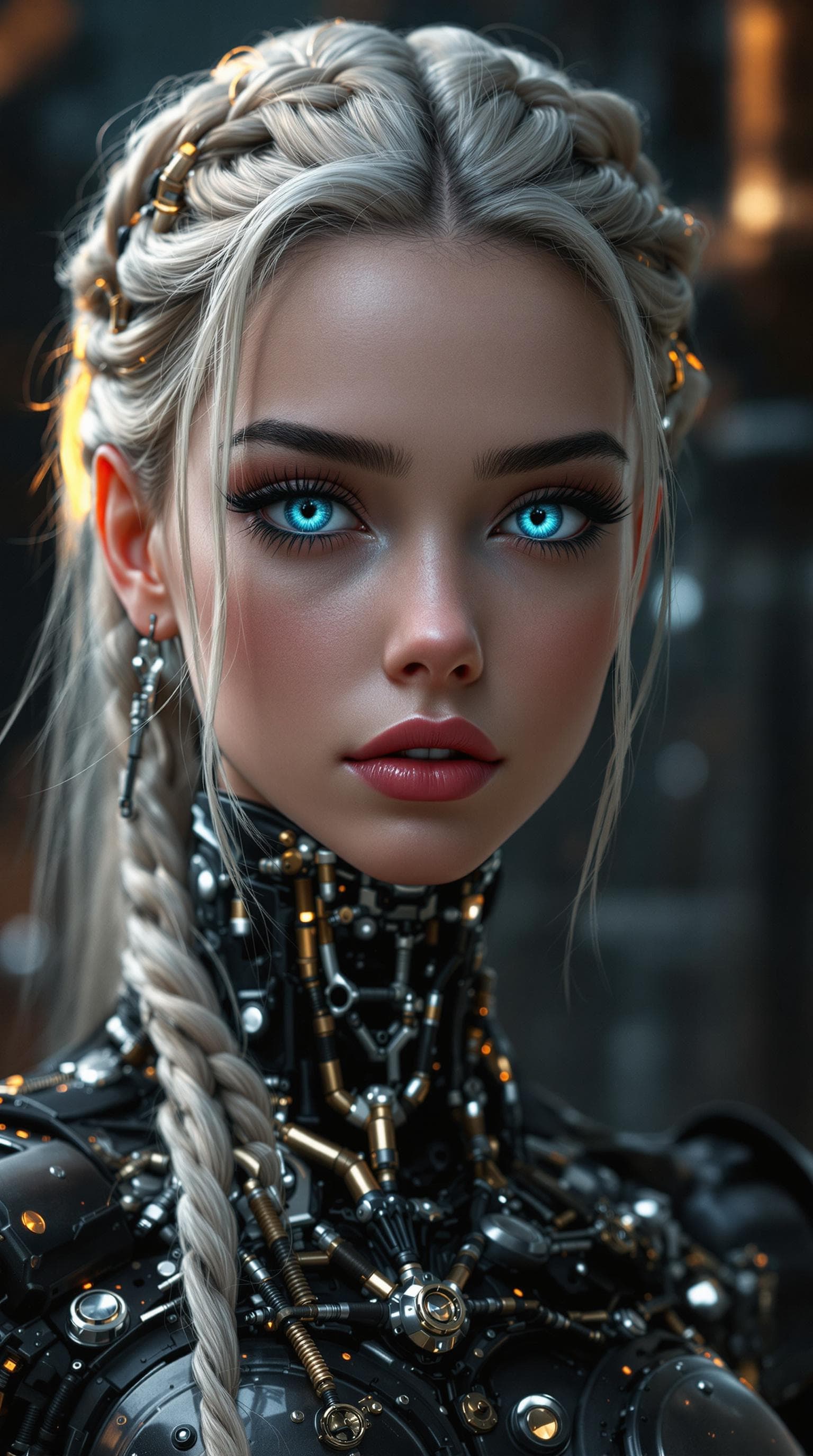 AI generated: djrny-v4 style, a professional photo realistic photo, of the most beautiful steampunk android girl (...