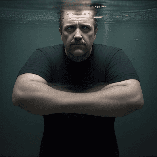 AI generated: a desparate middle-aged man, utterly depressive, drowns in sorrowytutng