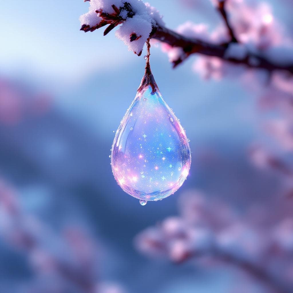 AI generated: A delicate opal water drop hanging from a branch in the early morning light, decorated with glitteri...