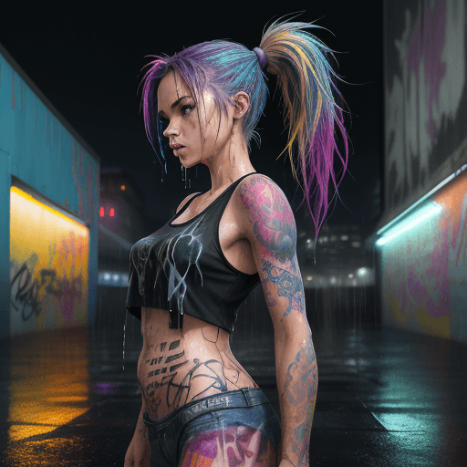 AI generated: masterpiece, concept art, centered, wide shot, front view, 1girl, wet, (rain, night), body tattoo, m...