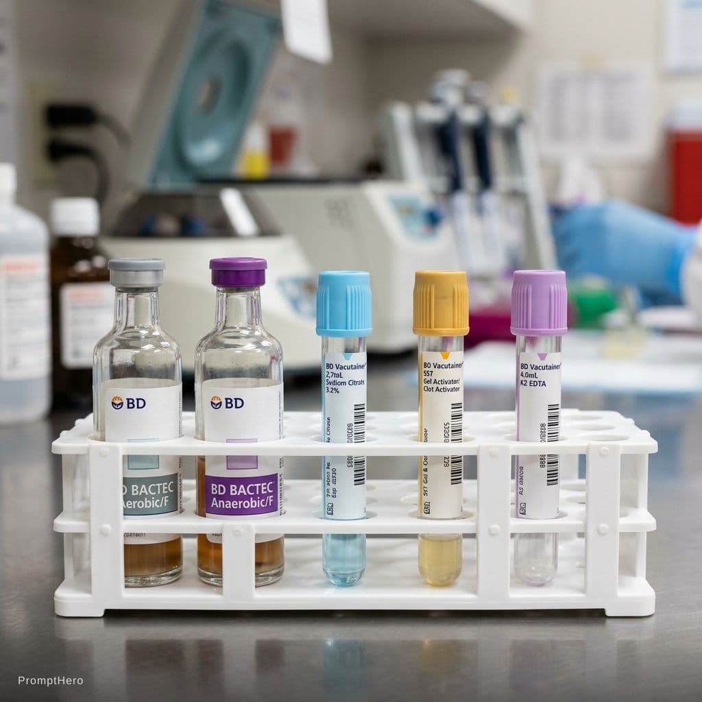 AI generated: Professional medical macro photography of the correct 'Order of Draw' for blood collection tubes. Fr...