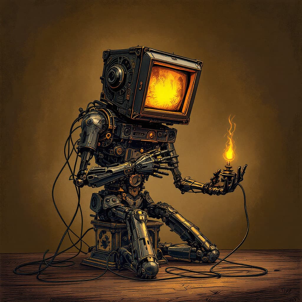 AI generated: A captivating dark fantasy illustration showcases an intricately designed metallic figure with a com...