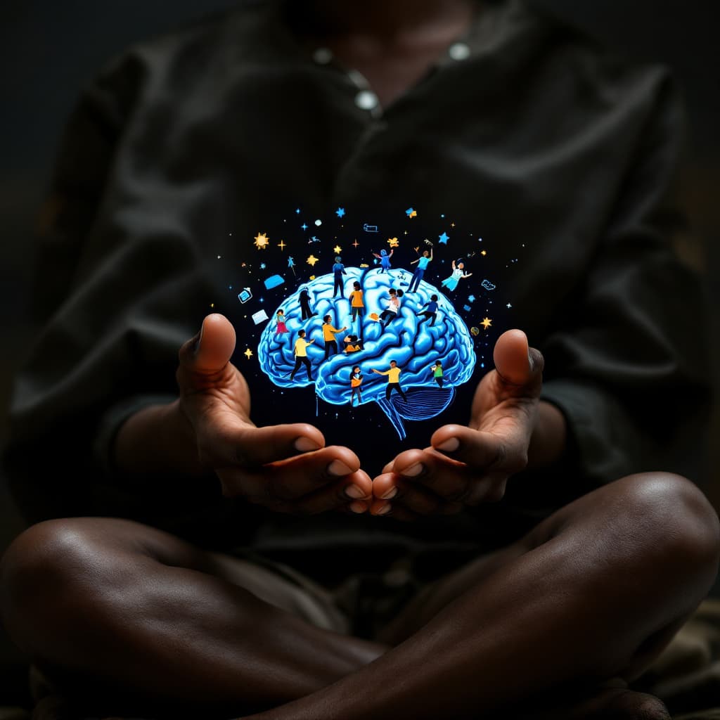 AI generated: create a 4k image of a dark person of zambian origin sitted in a peacefull position holding the brai...