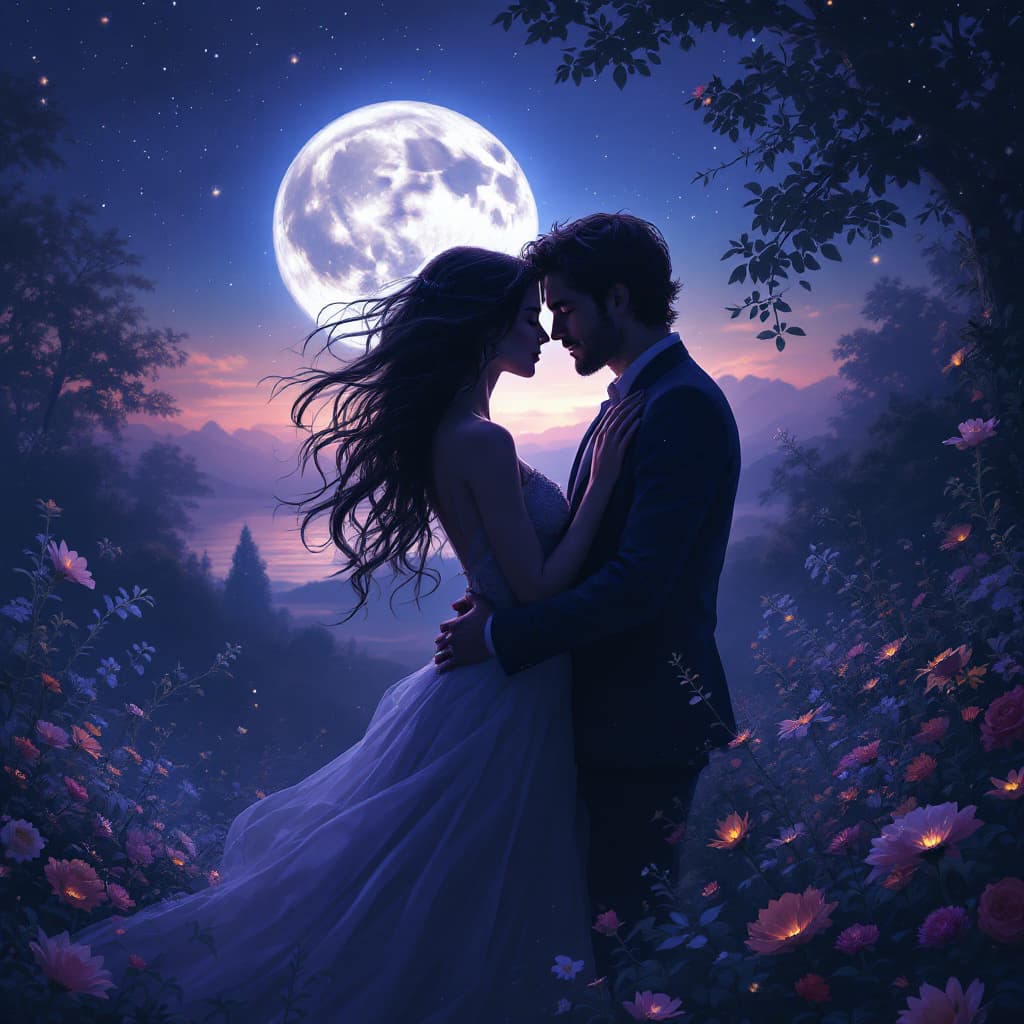 AI generated: woman and man in love enchanted garden bathed in moonlight art style