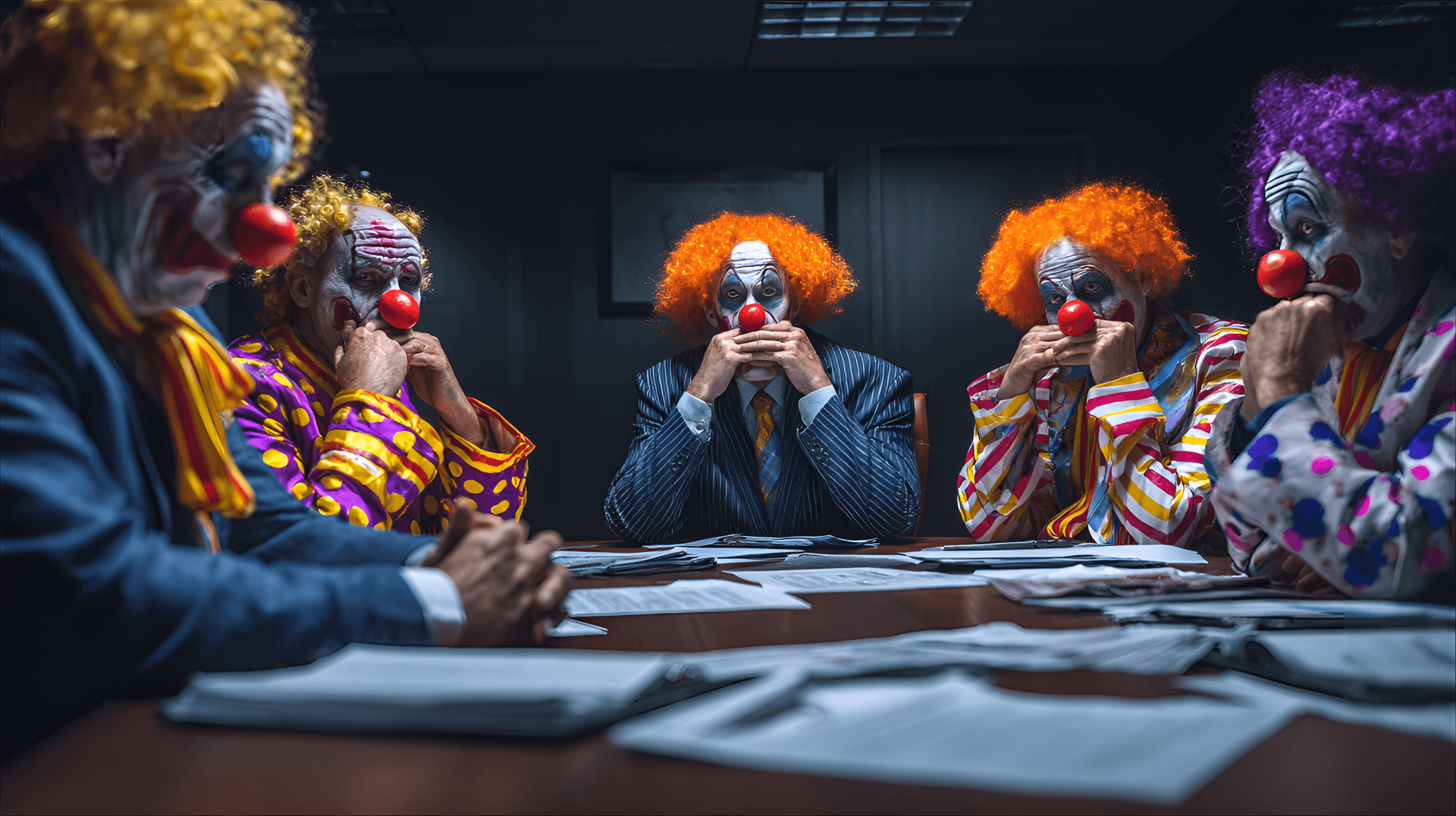 AI generated: Group of clowns in business meeting, indoor shot, dramatic lighting,  middle-aged men, Caucasian, we...