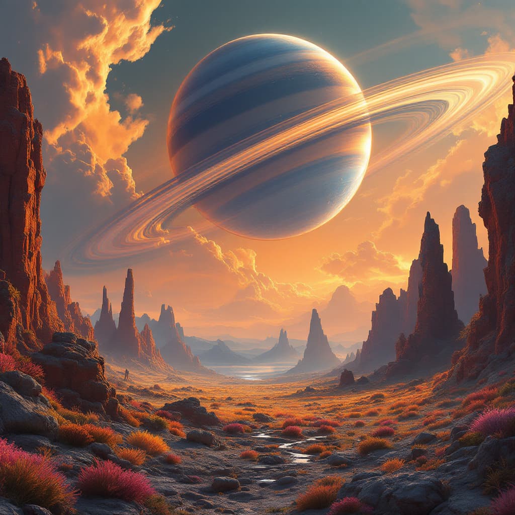 AI generated: A dramatic landscape on an exoplanet with a breathtaking view of a ringed gas giant in the sky. The ...