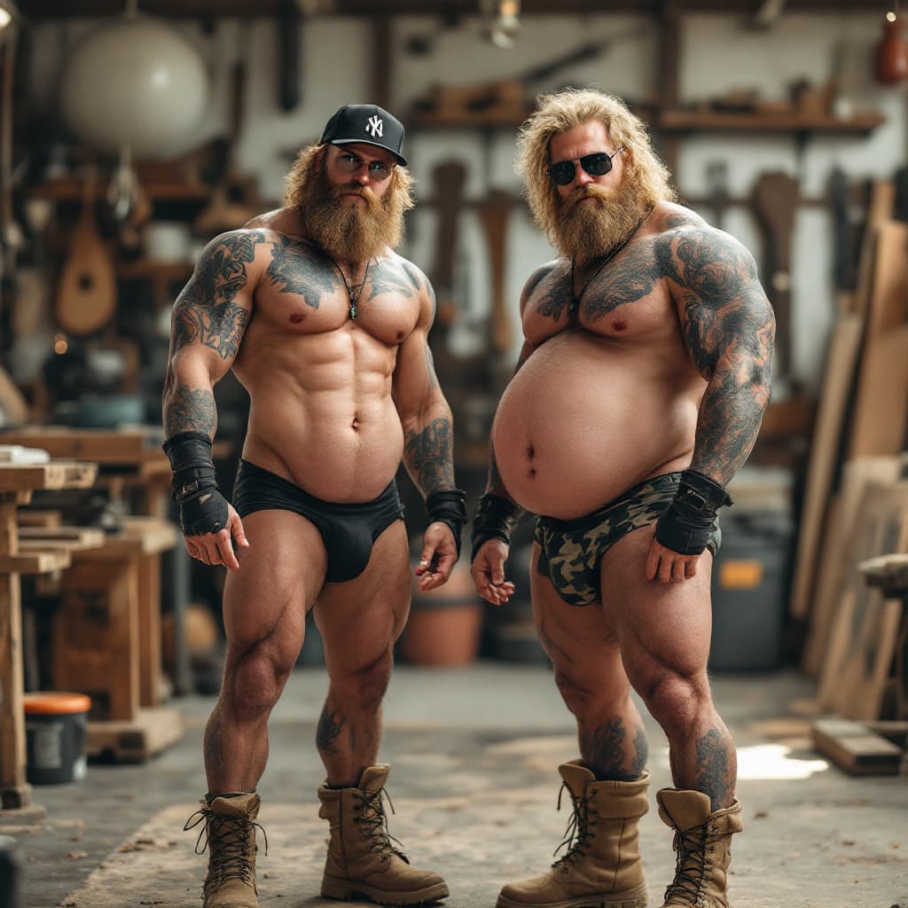 AI generated: Full body view, Two young sexy muscle men, curly blonde hair, Lots of tattoos, black backwards flat ...