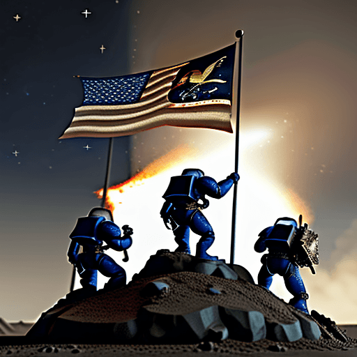 AI generated: space marines, Raising the Imperial Flag, Iwo Jima style, war torn background, space