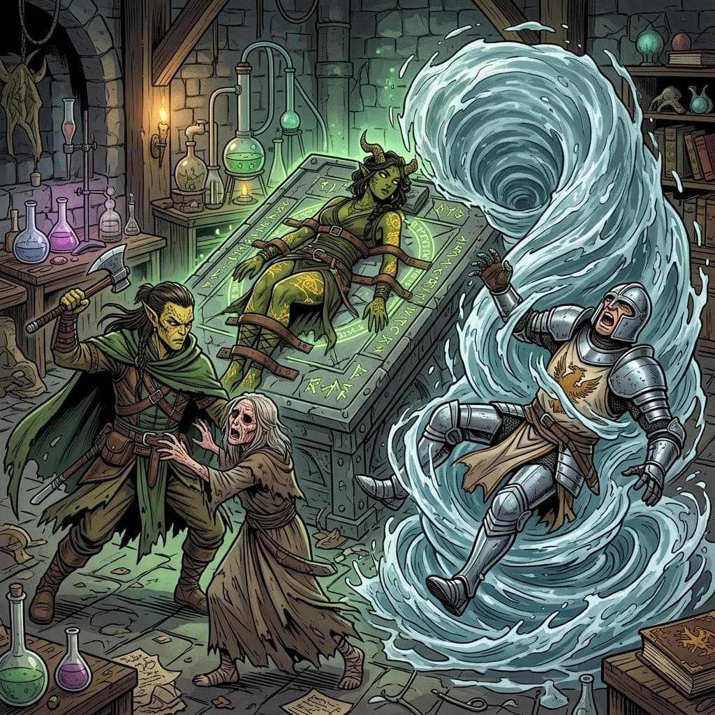 AI generated: a male githzerai ranger attacking a blind old woman with no eyes while a noble knight struggles as h...
