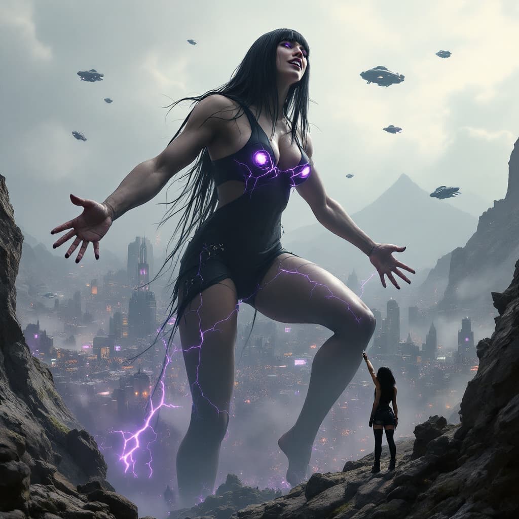 AI generated: enormous giantess female who looks exactly like WWE superstar 
 Rhea Ripley with black medium length...