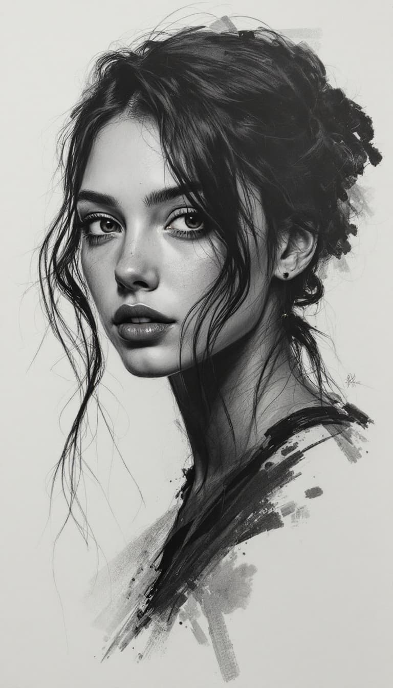 AI generated: girl, charcoal portrait