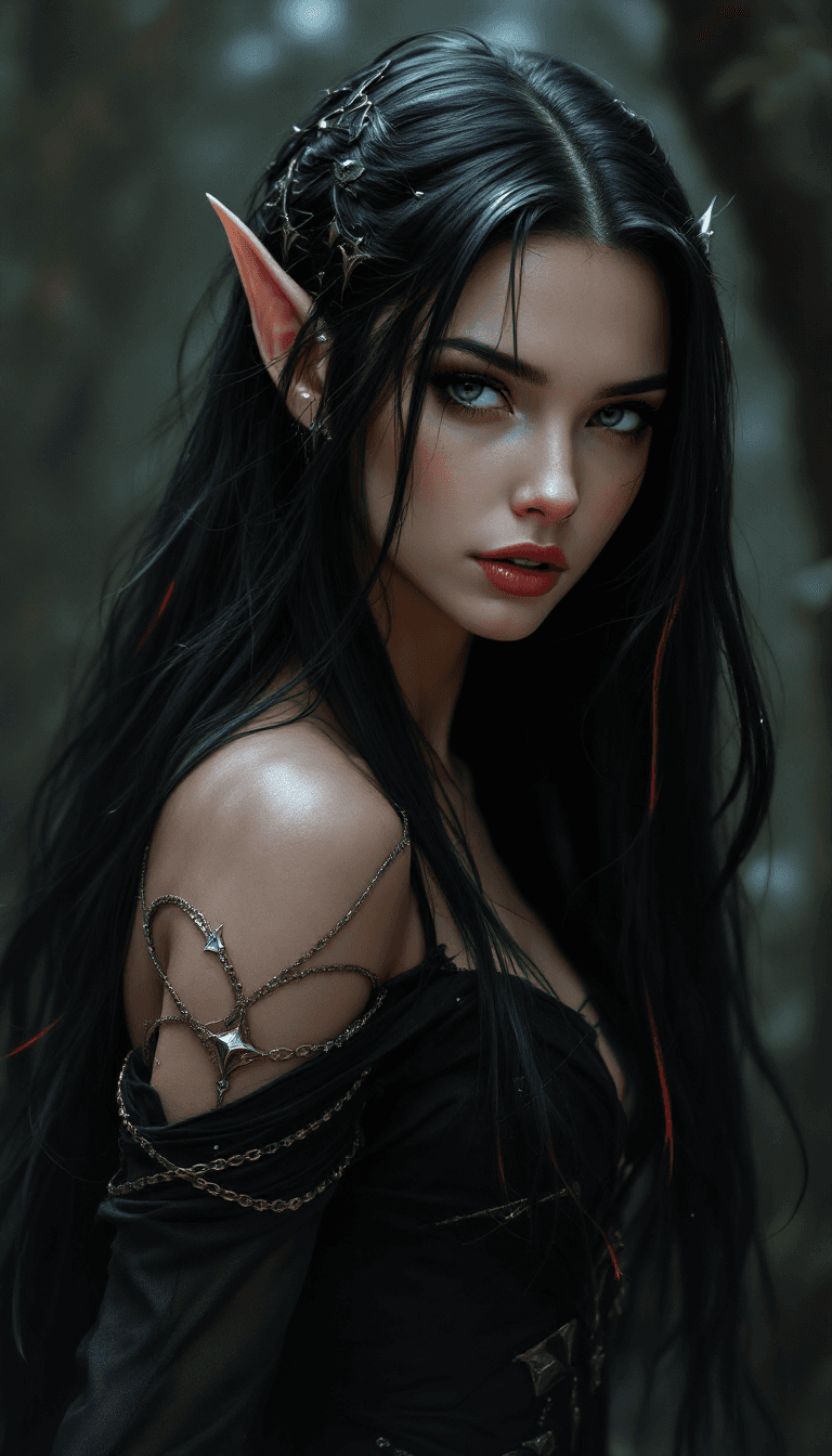 AI generated: Full body pose of elf female, Long black hair with red & silver highlights in her hair, intricate de...