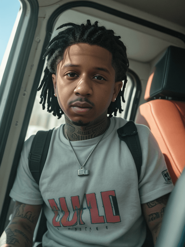 AI generated: portrait of Lil Durk doing a shootout from inside of a van, ultra realistic, 8k full HD, low angle, ...