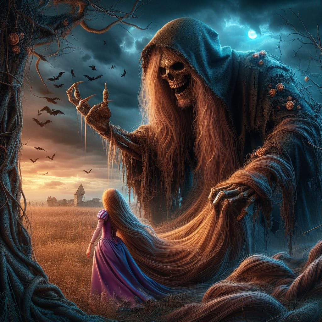 AI generated: heavy nightmare Version of Rapunzel,from the Movie Tangled, photorealism, fantasy, dynamic lighting,...