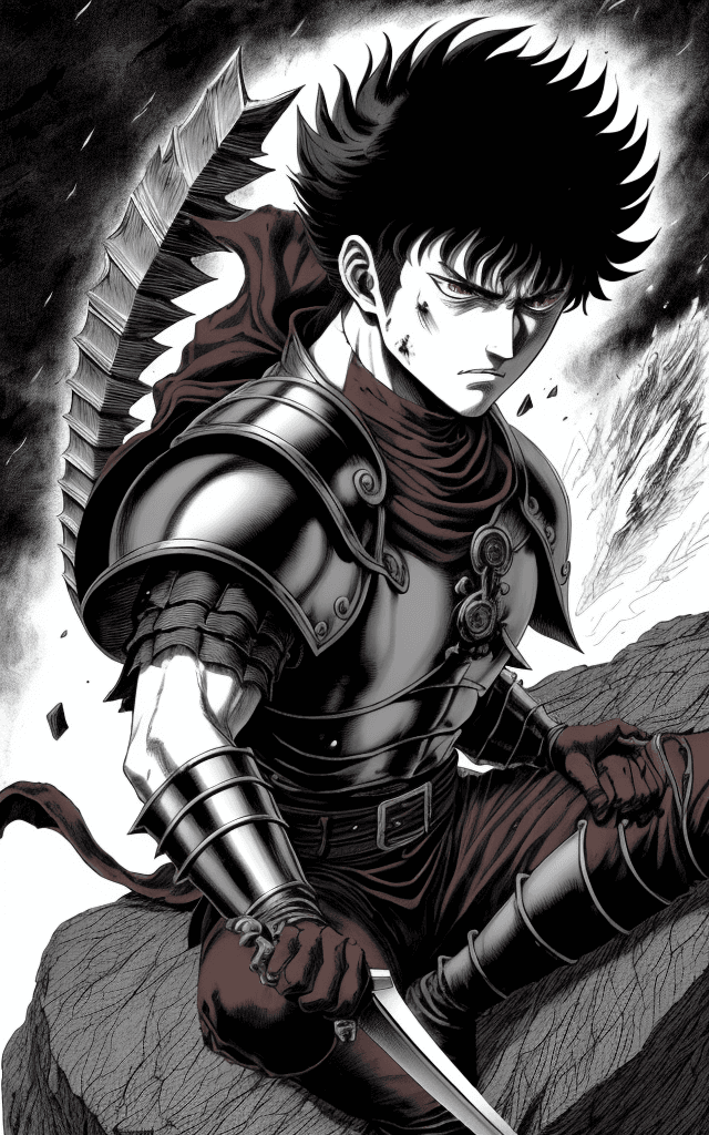 AI generated: monochrome, a man with big eyes, brown hair with tuft, in golden armor, badly injured, manga, ((with...