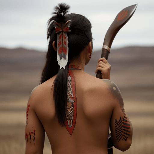 AI generated: A American Indian princess holds a tomahawk in her hand and aims, there are bow on her back, 8k, red...