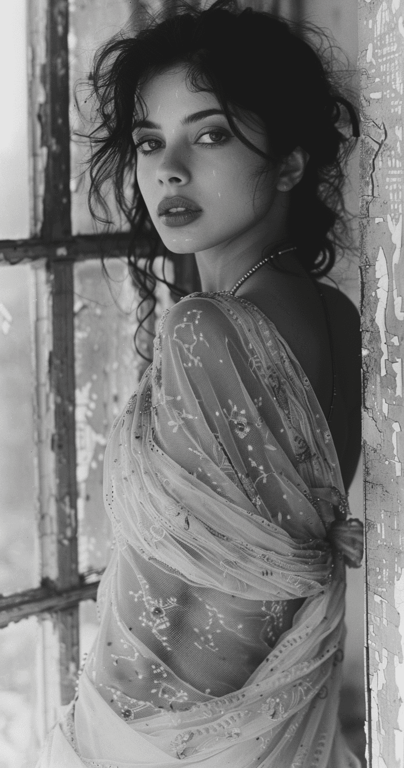 AI generated: woman in white saree is a great vintage shot, in the style of katia chausheva, raphael kirchner, pho...