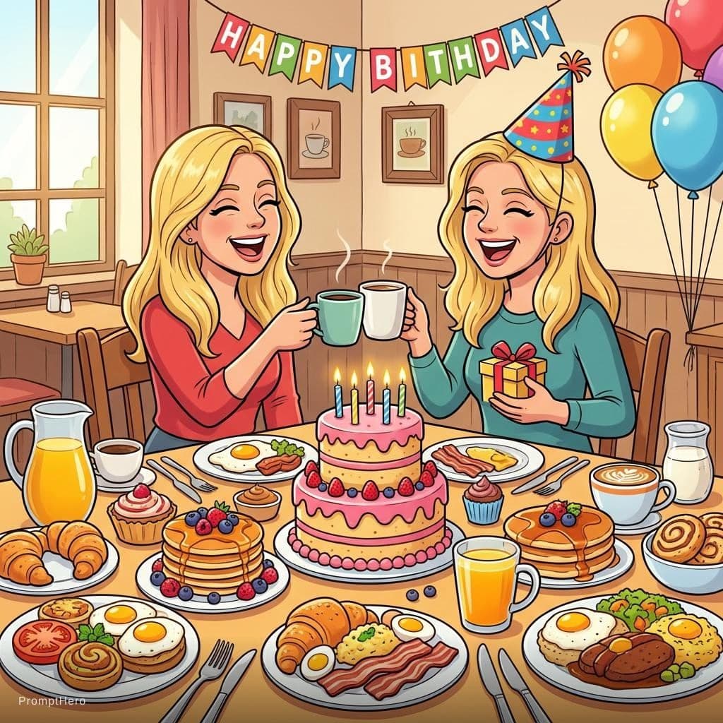 AI generated: two female friends, both blond and german, celebrating birthday over a massive breakfast with lots o...