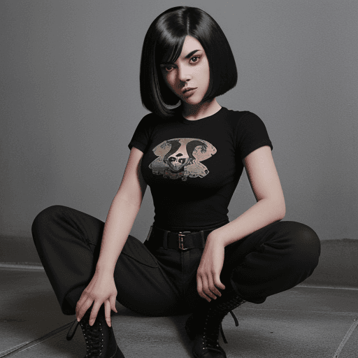 AI generated: A woman with short, dark, straight hair wearing a black t-shirt, military pants, and combat boots in...