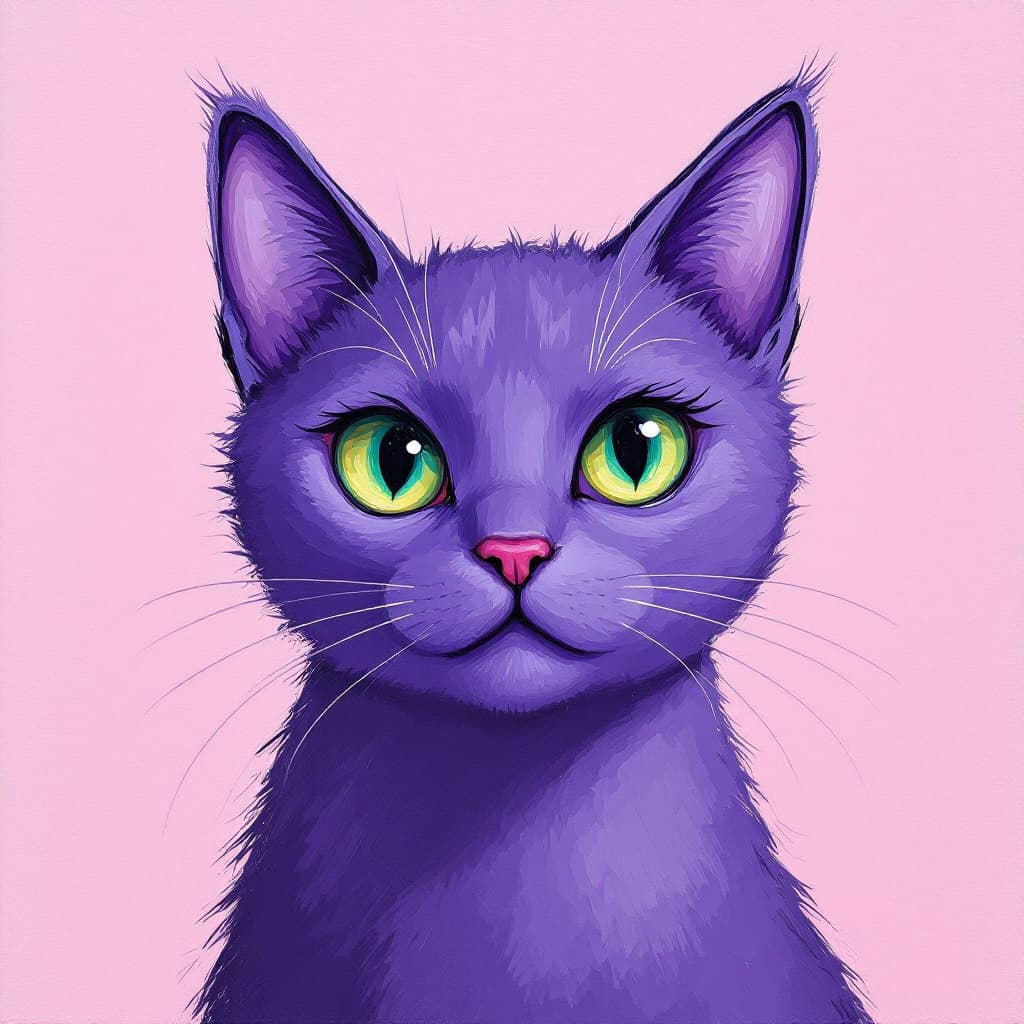 AI generated: artistic, oil painting art, purple color cat face, emerald green eye, simplify, expressive eyes and ...