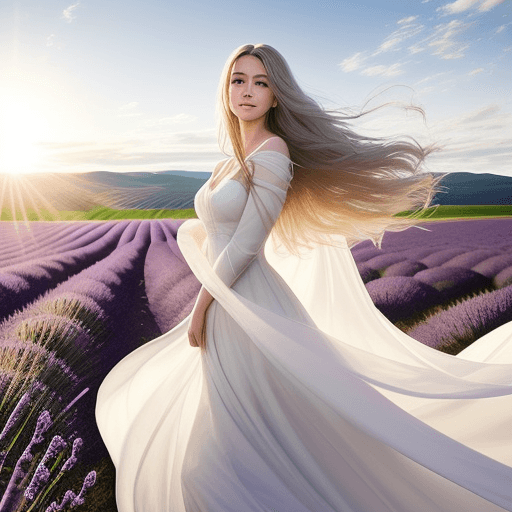 AI generated: Design a photo-realistic portrait of a beautiful woman dressed in a flowing white gown, standing amo...