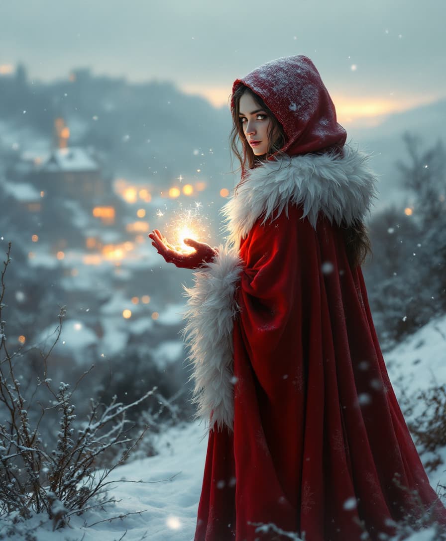 AI generated: A charming medieval witch standing alone on a snowy hilltop at dusk, wearing a flowing red cloak tri...