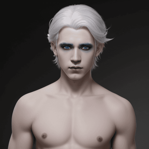 AI generated: a male dnd changeling with porcelain white skin, white eyes and white hair, not old