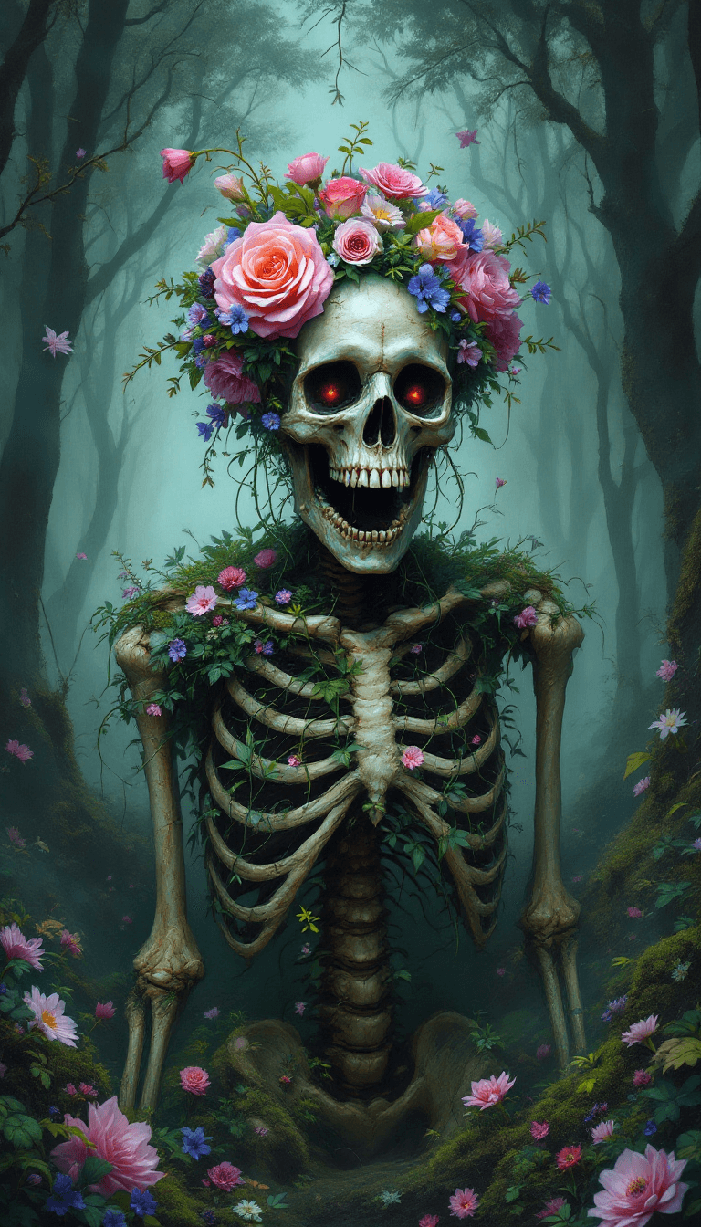 AI generated: A decayed skeleton enshrined in a surreal forest, its skull crowned with a blooming halo of vibrant ...