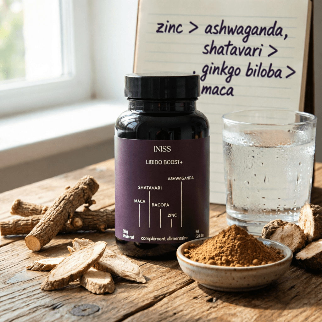 AI generated: Cinematic flat lay photograph of the "INISS" dietary supplement packaging, placed on a natural woode...