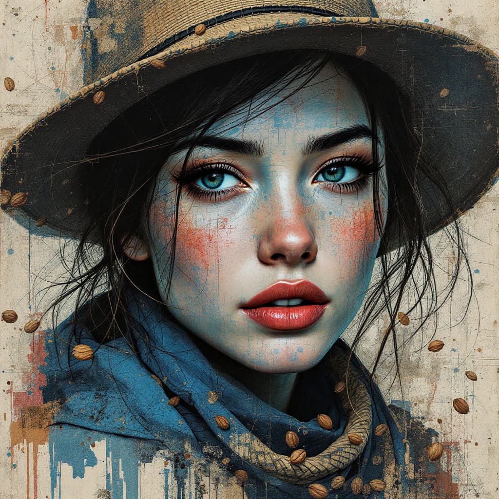 AI generated: print collage of a woman's face coffee farmer, in the style of josef kote, grunge beauty, dain yoon,...
