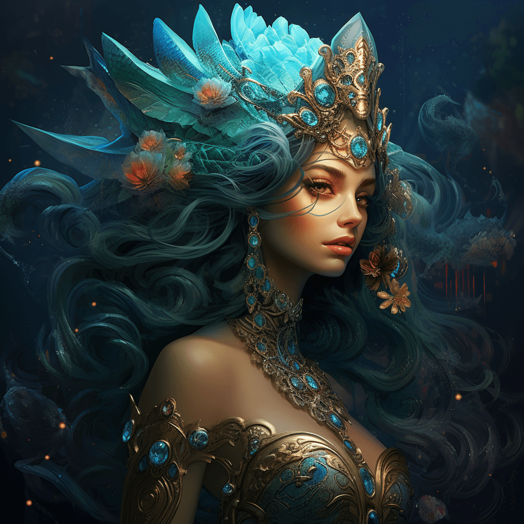 AI generated: A bluish mermaid with water at her feet, in the style of realistic hyper - detailed portraits, golde...
