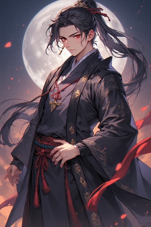 AI generated:  a handsome guy with Japanese style cloth, a beautiful scenario