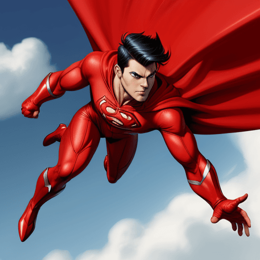 AI generated: sideview, cartoon, male, superhero, red outfit, flying down