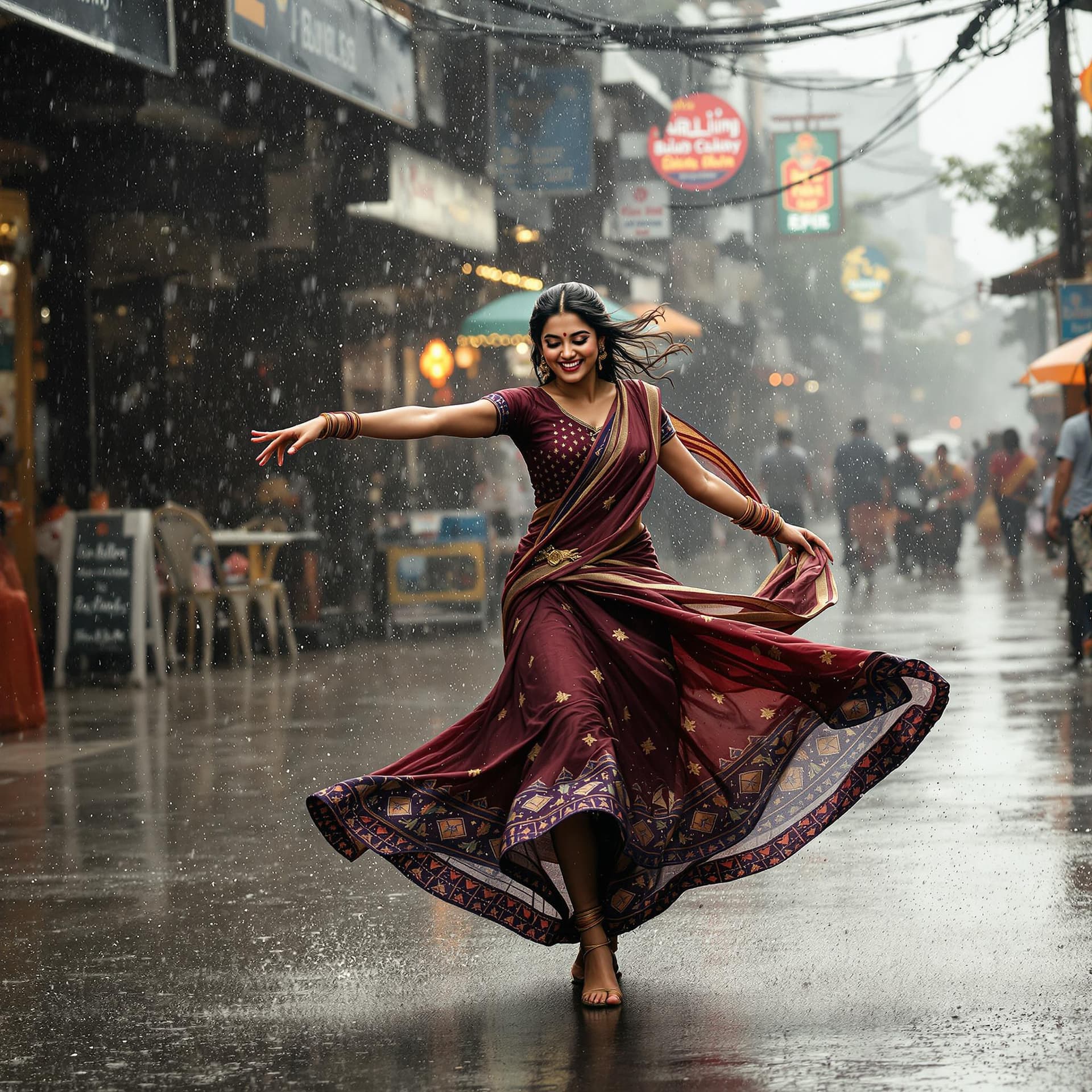 AI generated: An image depicting the metaphor of life as Indian girl dancing in the rain. Show a joyful and confid...