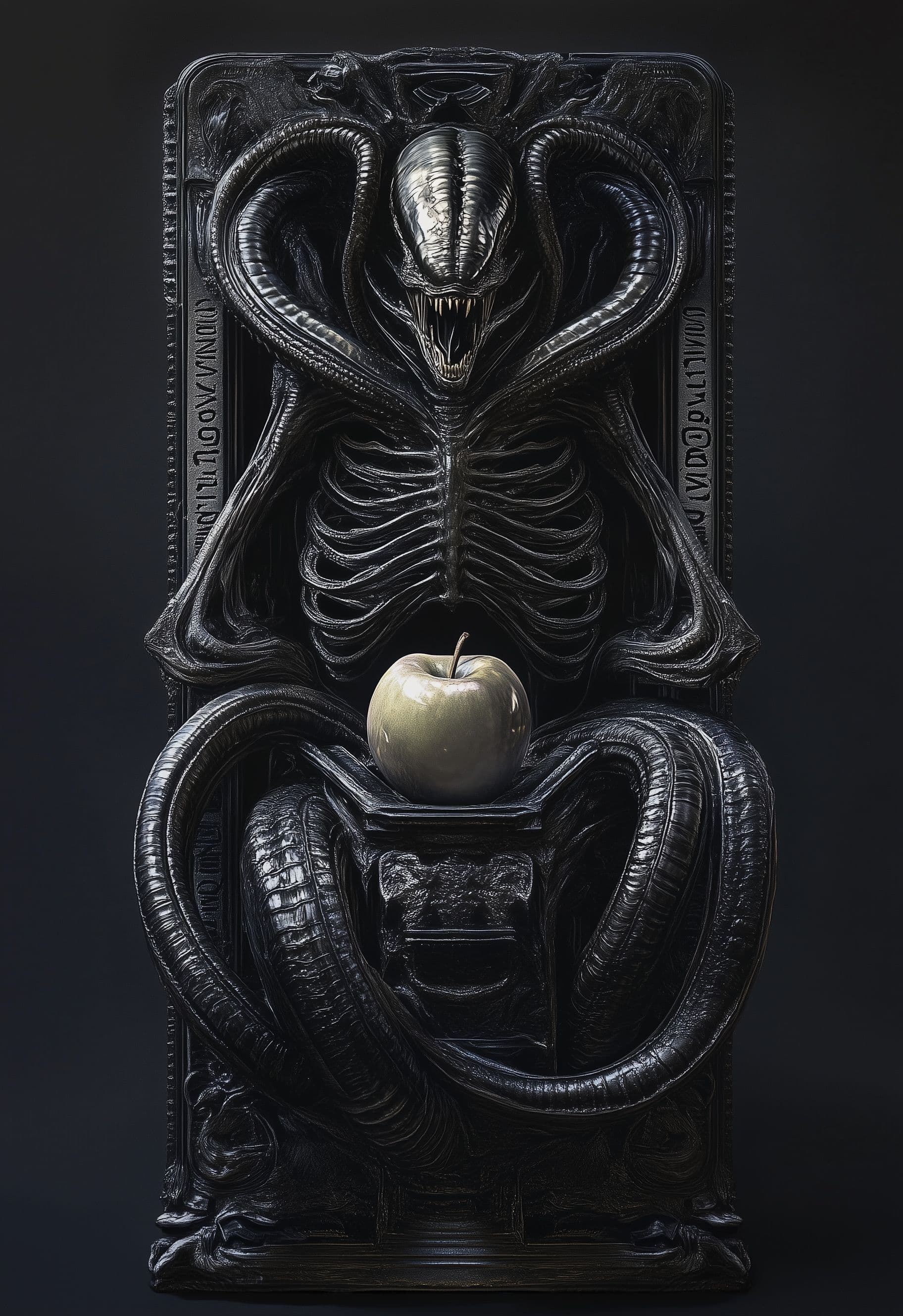 AI generated: A detailed drawing of the anatomy and structure, in the style of H.R. Giger, depicting an intricatel...