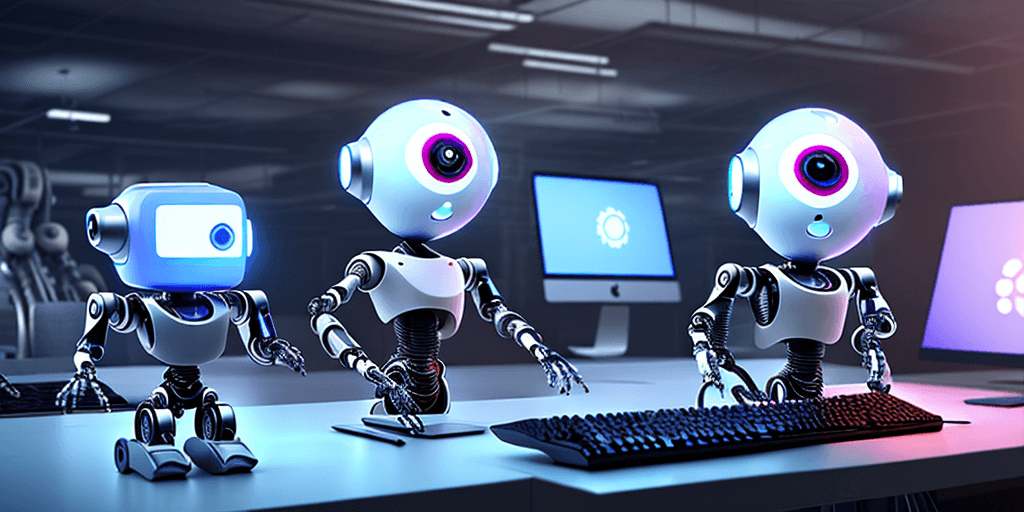 AI generated: In the background there are personal computers, keyboards, monitor, different pc components. In the ...