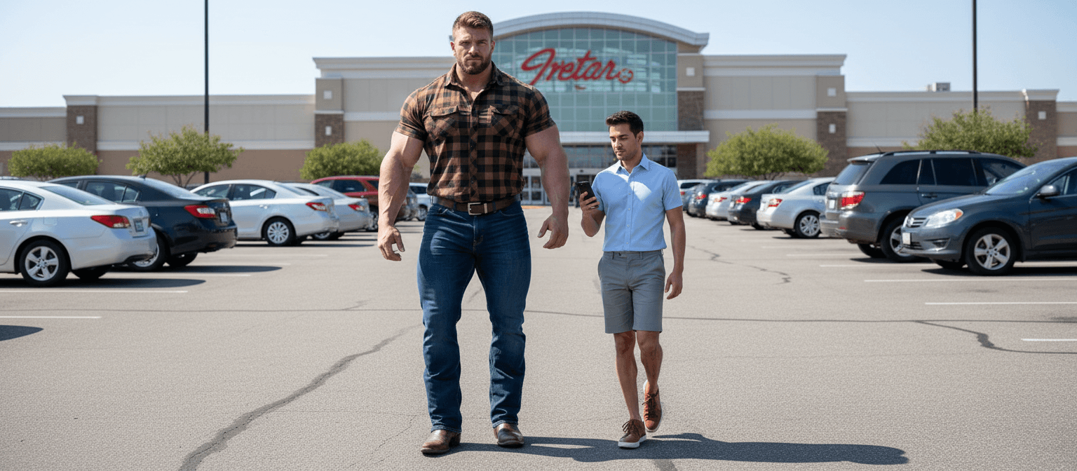 AI generated: the bodybuilder is 6'4" tall, he has huge muscular shoulders and extra huge muscular legs. He is wea...