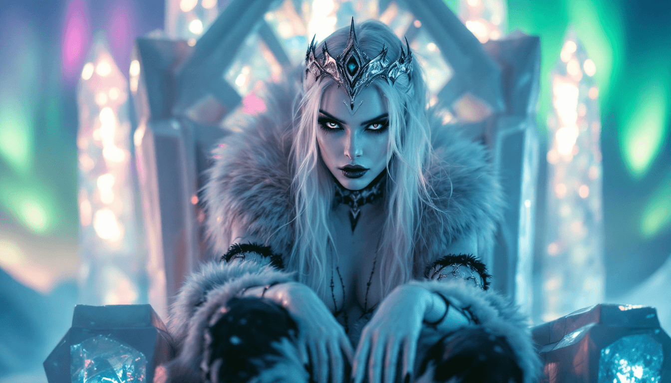 AI generated:  4K, magazine photo shoot quality image of a beautiful 23-year-old platinum blonde ice witch with pi...
