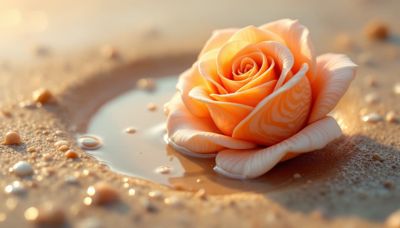 AI generated:  a close view of a delicate sea shell in 3d, shaped like a rose, resting on the beach surrounded by ...