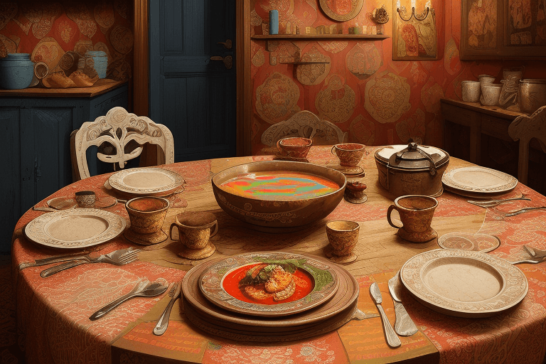 AI generated: urban poster style, traditional home table, vibrant colors, rustic utensils, ceramic plate, plastic ...