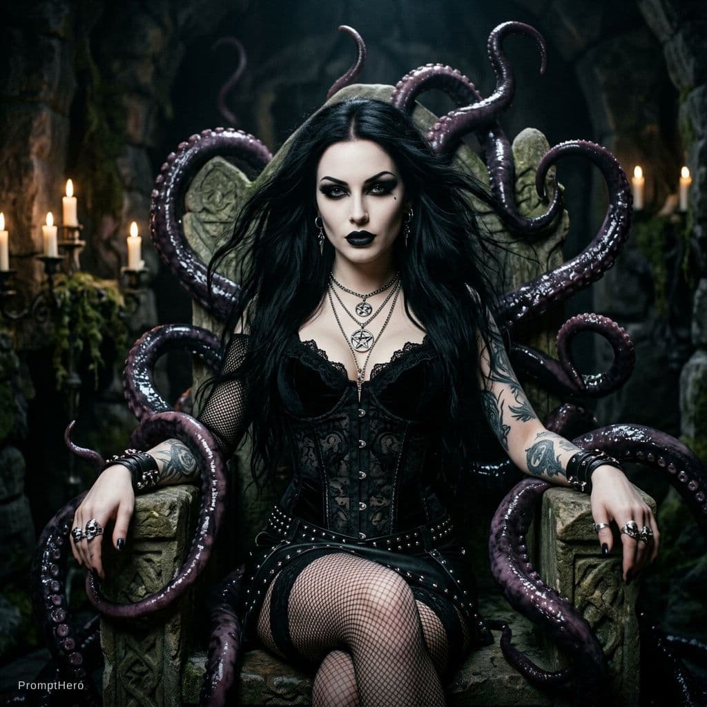 AI generated: Photo realistic cinematic image of a seductive goth woman with long flowing jet-black hair, pale por...